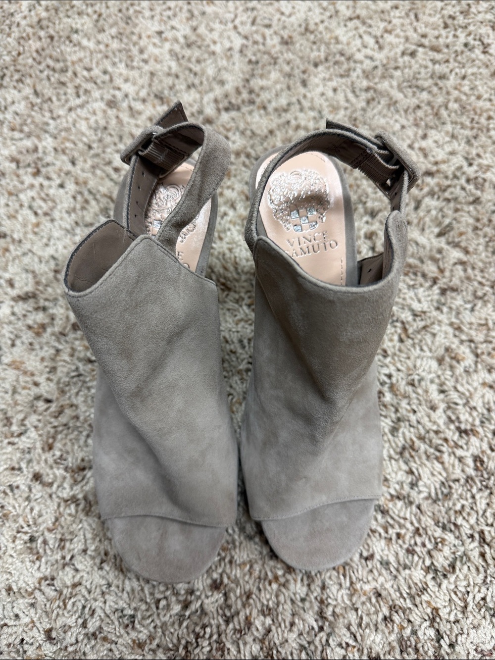 Vince Camuto Taupe Suede Peep-Toe Slingback Heels